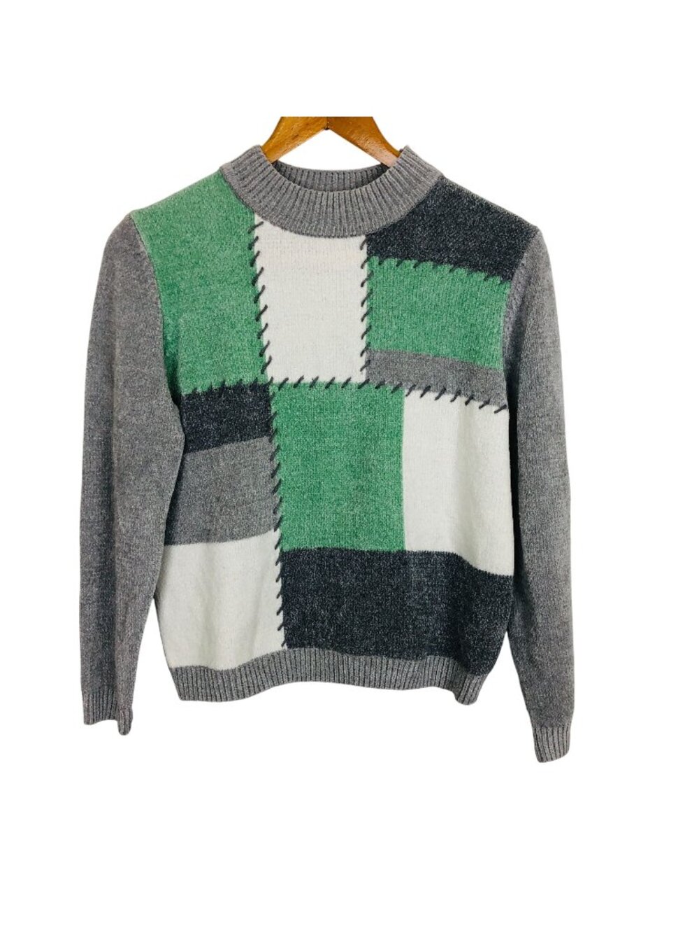 Alfred Dunner Chenille Patchwork Sweater Petite Large Acrylic Green Gray